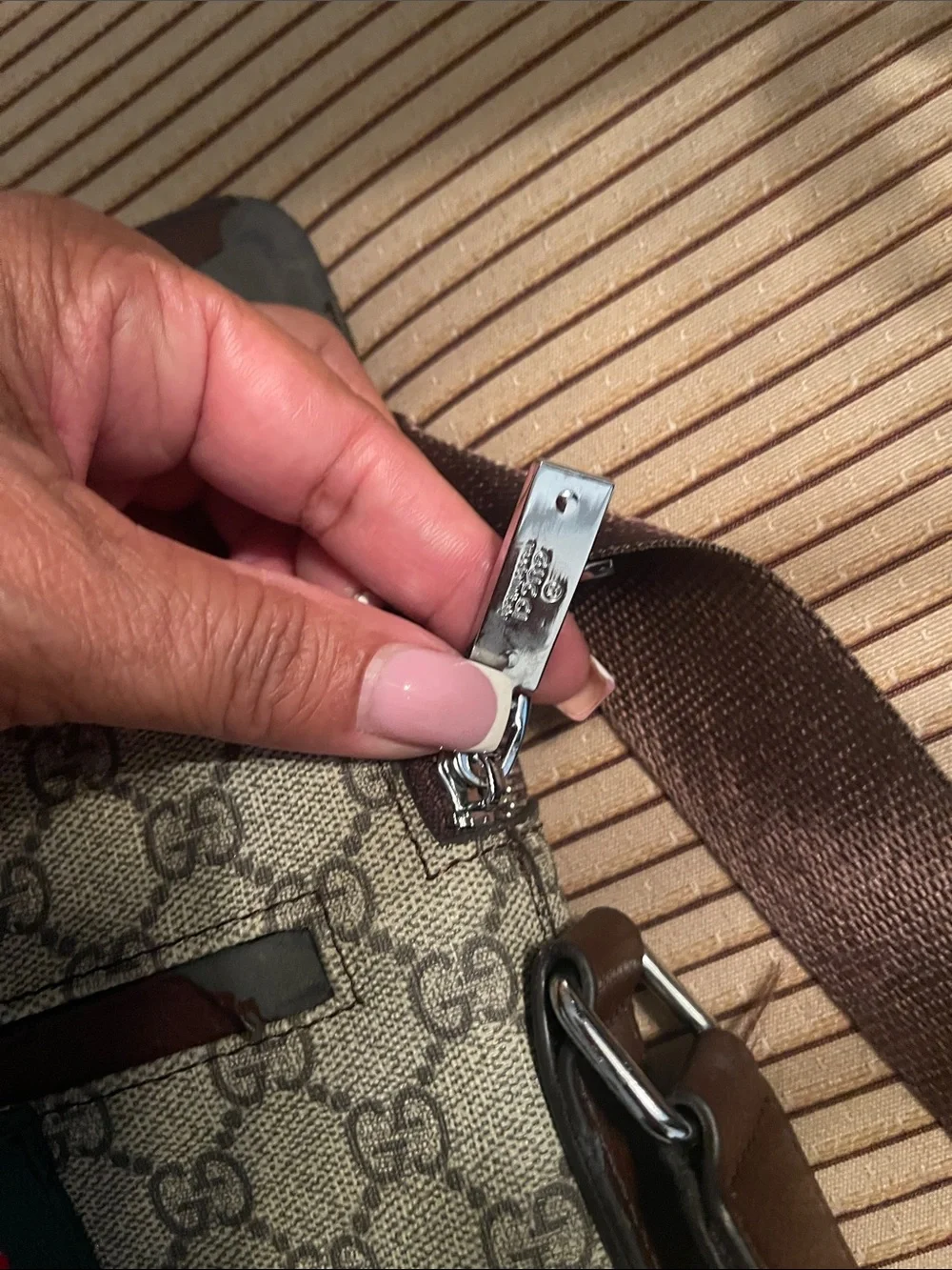 Gucci Brown GG Supreme Messenger Bag with Red-Blue Web Stripe